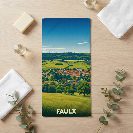 Serviette de bain souvenir de la ville de Faulx avec une illustration stylisée de son paysage champêtre.