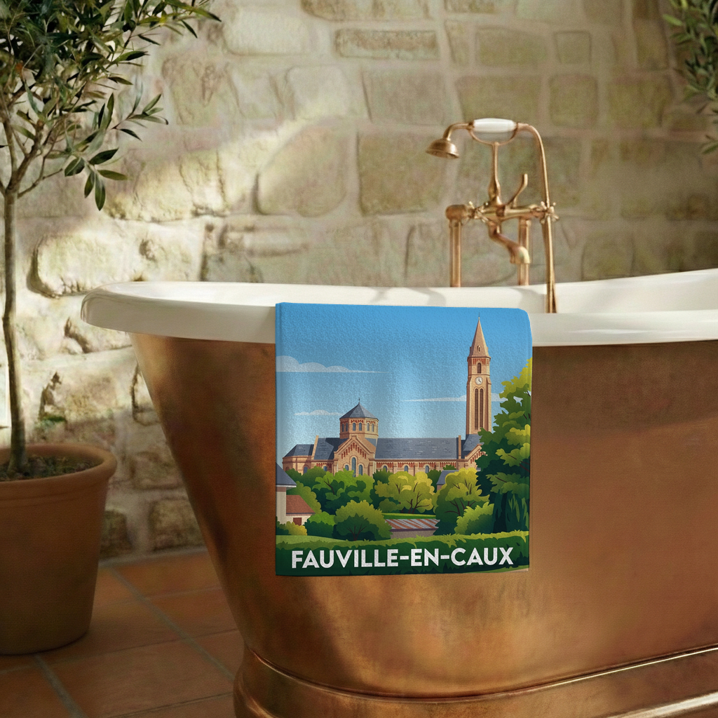 Serviette de bain souvenir de la ville de Fauville-en-Caux avec une illustration stylisée.