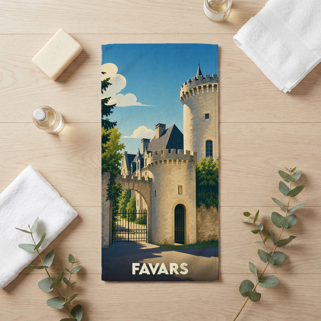 Serviette de bain souvenir de la ville de Favars illustrée d'un château de style vintage.