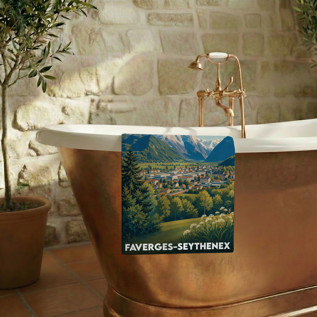 Serviette de bain souvenir de Faverges-Seythenex illustrée d'un paysage de montagne et de village.