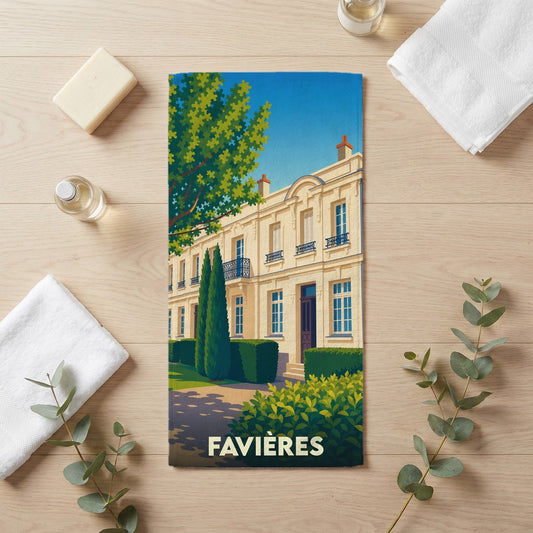 Serviette de bain souvenir de la ville de Favières avec une illustration stylisée d'un bâtiment classique.