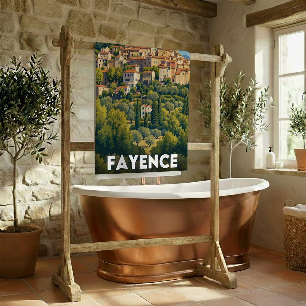 Serviette de bain souvenir de la ville de Fayence avec une illustration stylisée de son paysage.