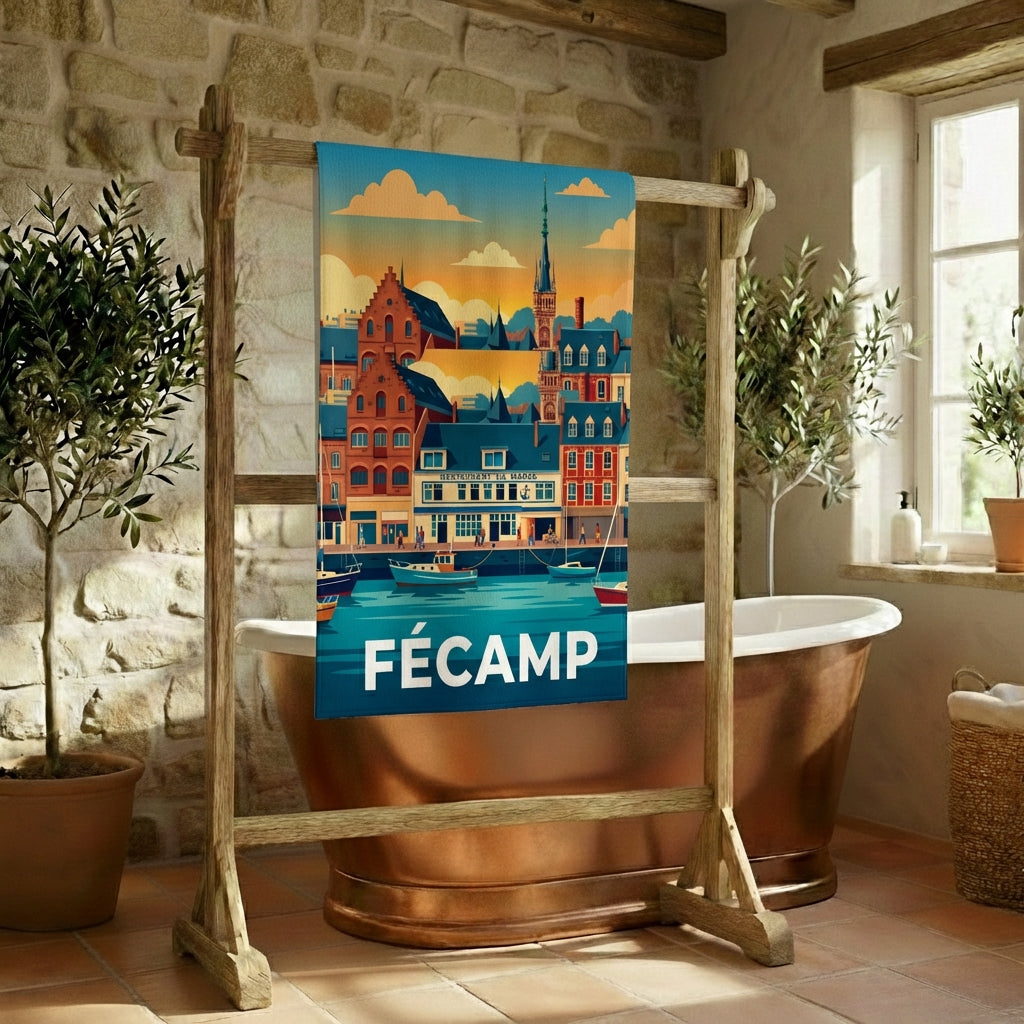 Serviette de bain souvenir de la ville de Fécamp avec une illustration stylisée de son port et de ses bateaux.