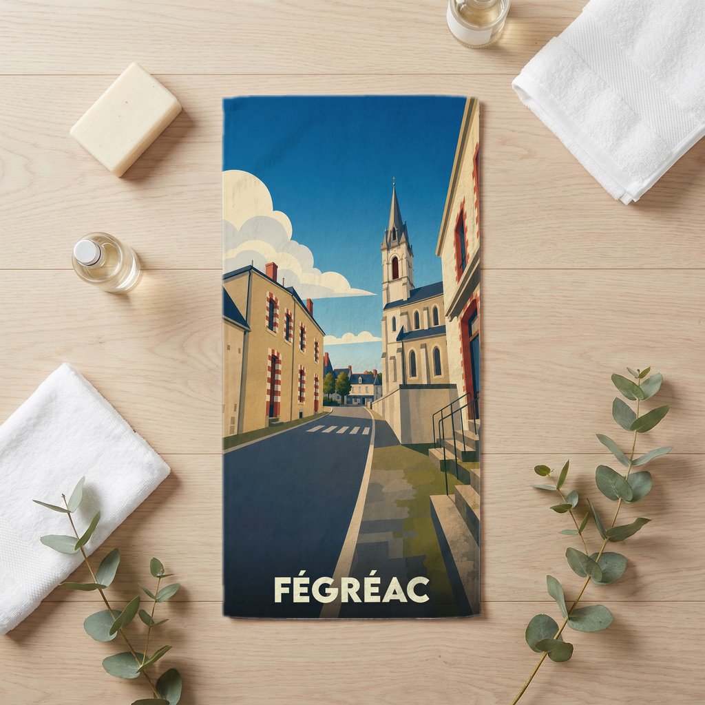 Serviette de bain souvenir de la ville de Fégréac avec une illustration stylisée.