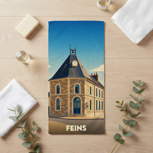 Serviette de bain souvenir de la ville de Feins avec une illustration stylisée de sa mairie.
