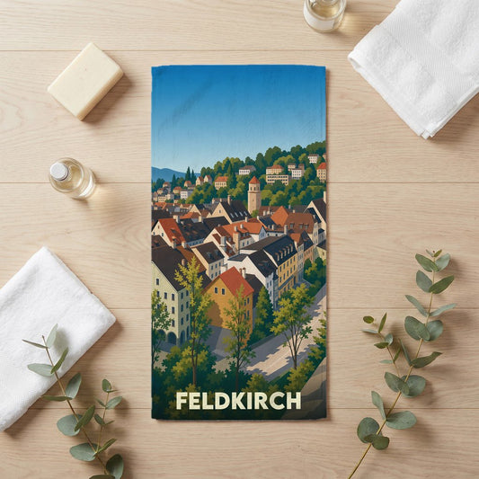 Serviette de bain souvenir de la ville de Feldkirch avec une illustration stylisée.