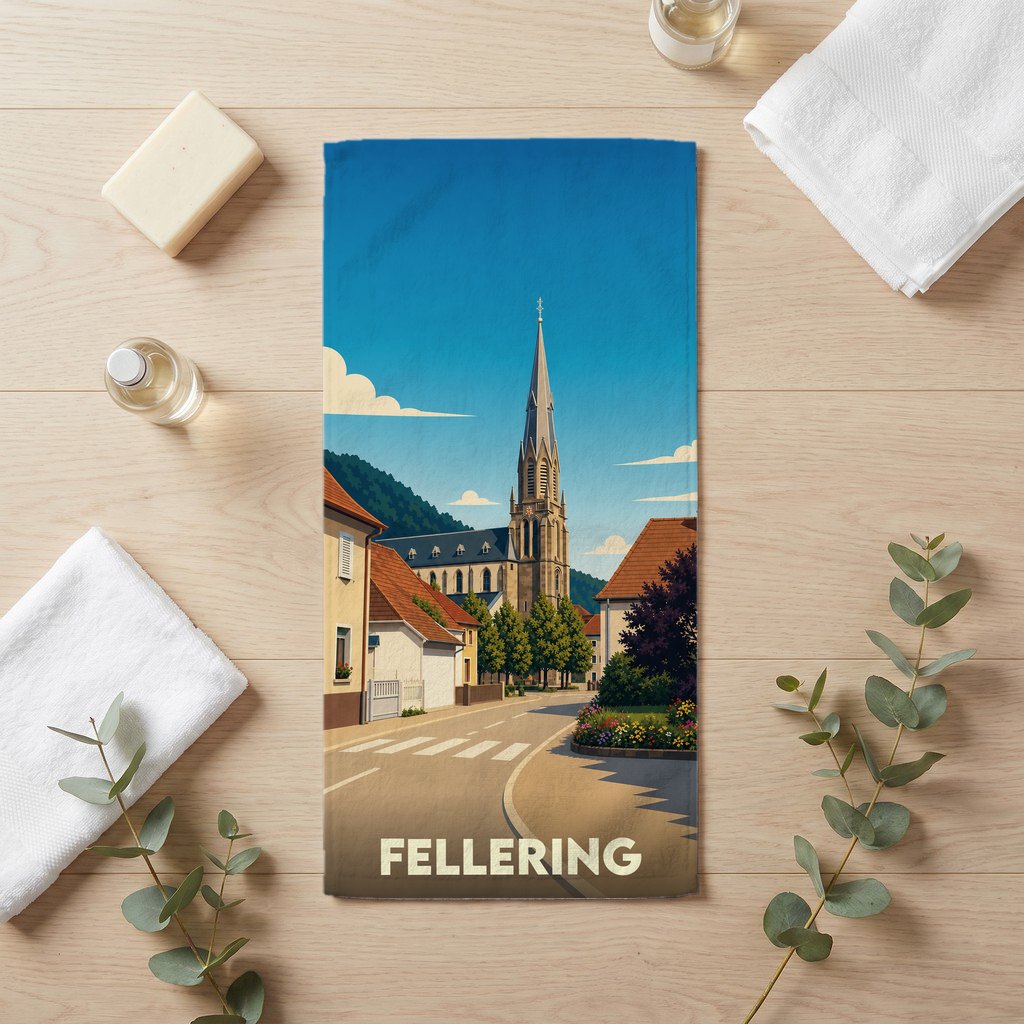 Serviette de bain souvenir de la ville de Fellering avec une illustration stylisée d'une église et de maisons alsaciennes.
