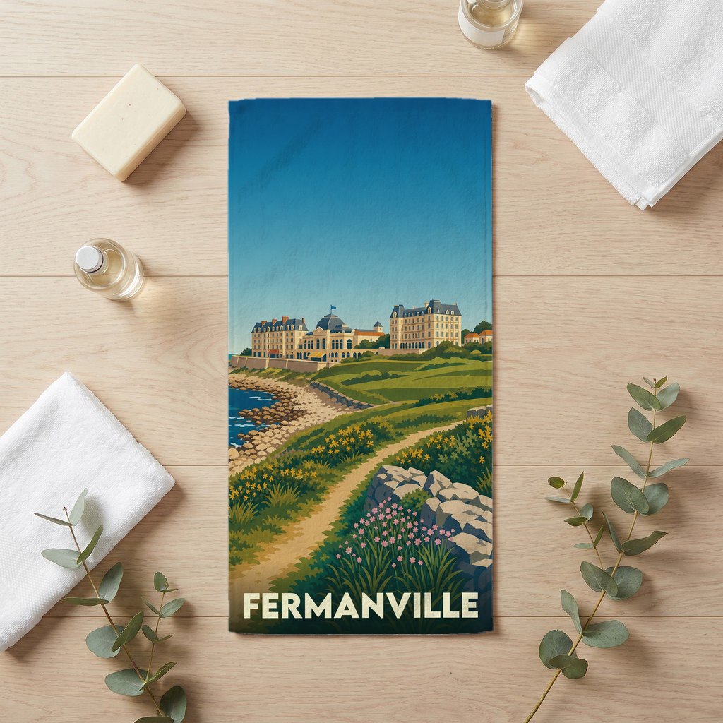 Serviette de bain souvenir de la ville de Fermanville avec une illustration stylisée du littoral.