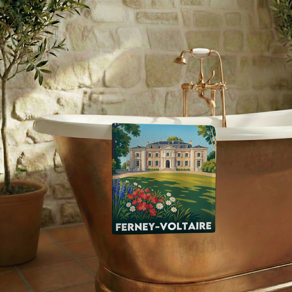 Serviette de bain souvenir de la ville de Ferney-Voltaire avec une illustration stylisée.