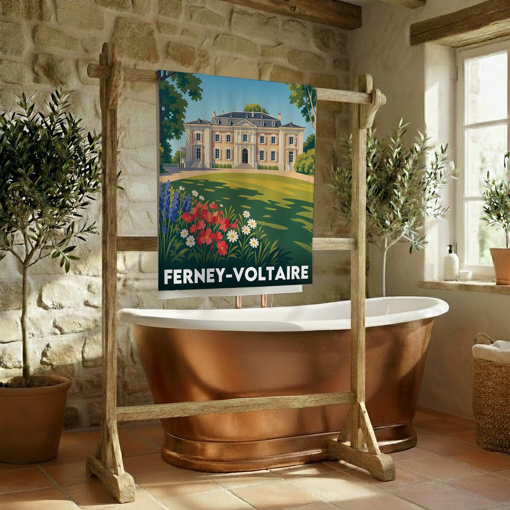 Serviette de bain souvenir de la ville de Ferney-Voltaire avec une illustration stylisée d'un château et de jardins fleuris.