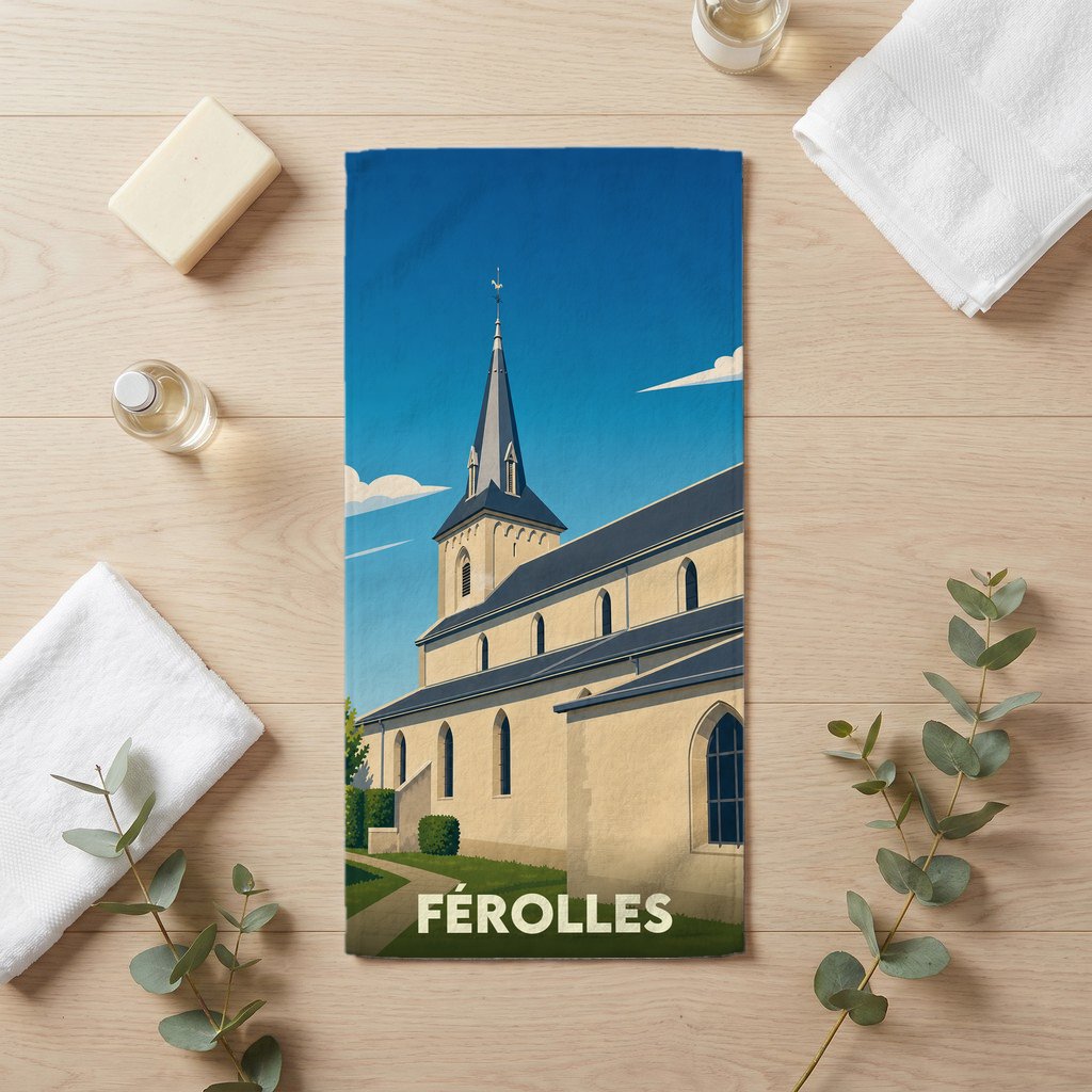 Serviette de bain souvenir de la ville de Férolles avec une illustration stylisée de son église.