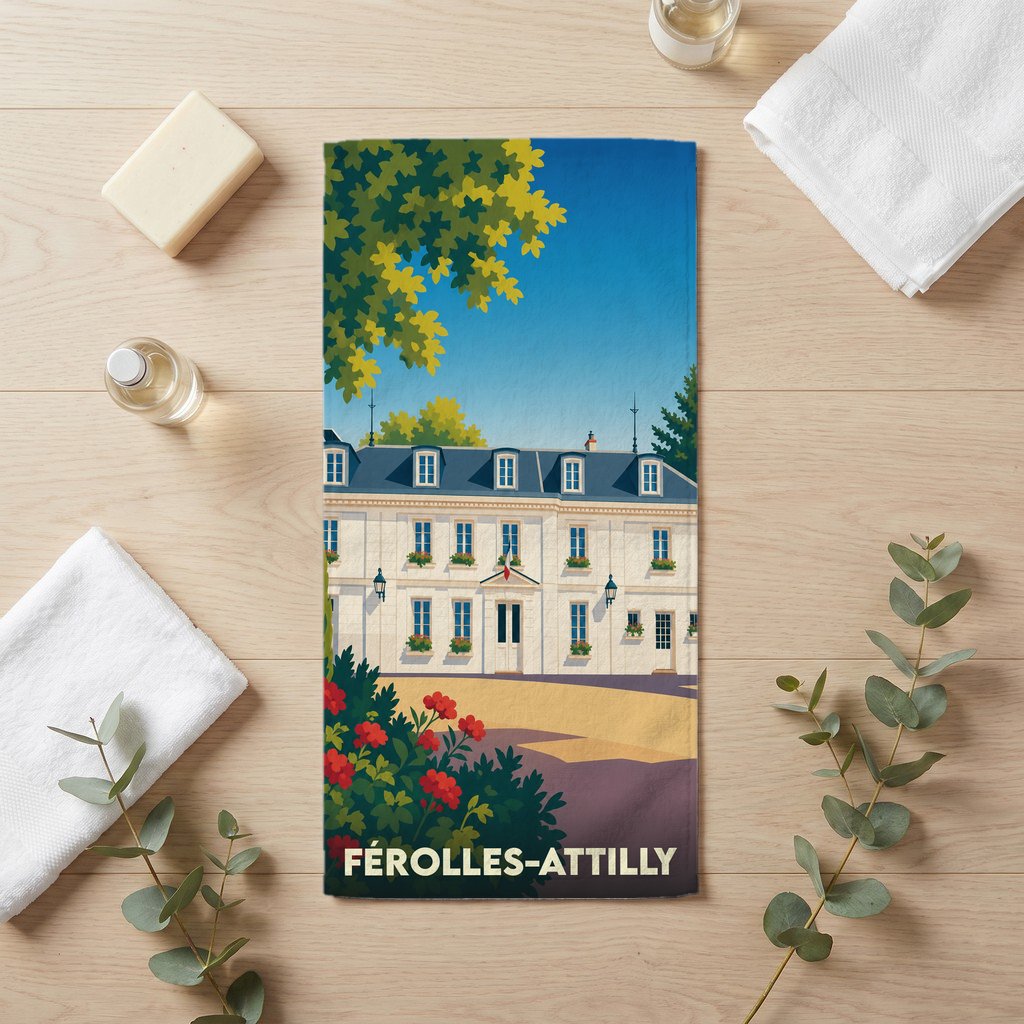 Serviette de bain souvenir de la ville de Férolles-Attilly avec une illustration stylisée d'un bâtiment historique.