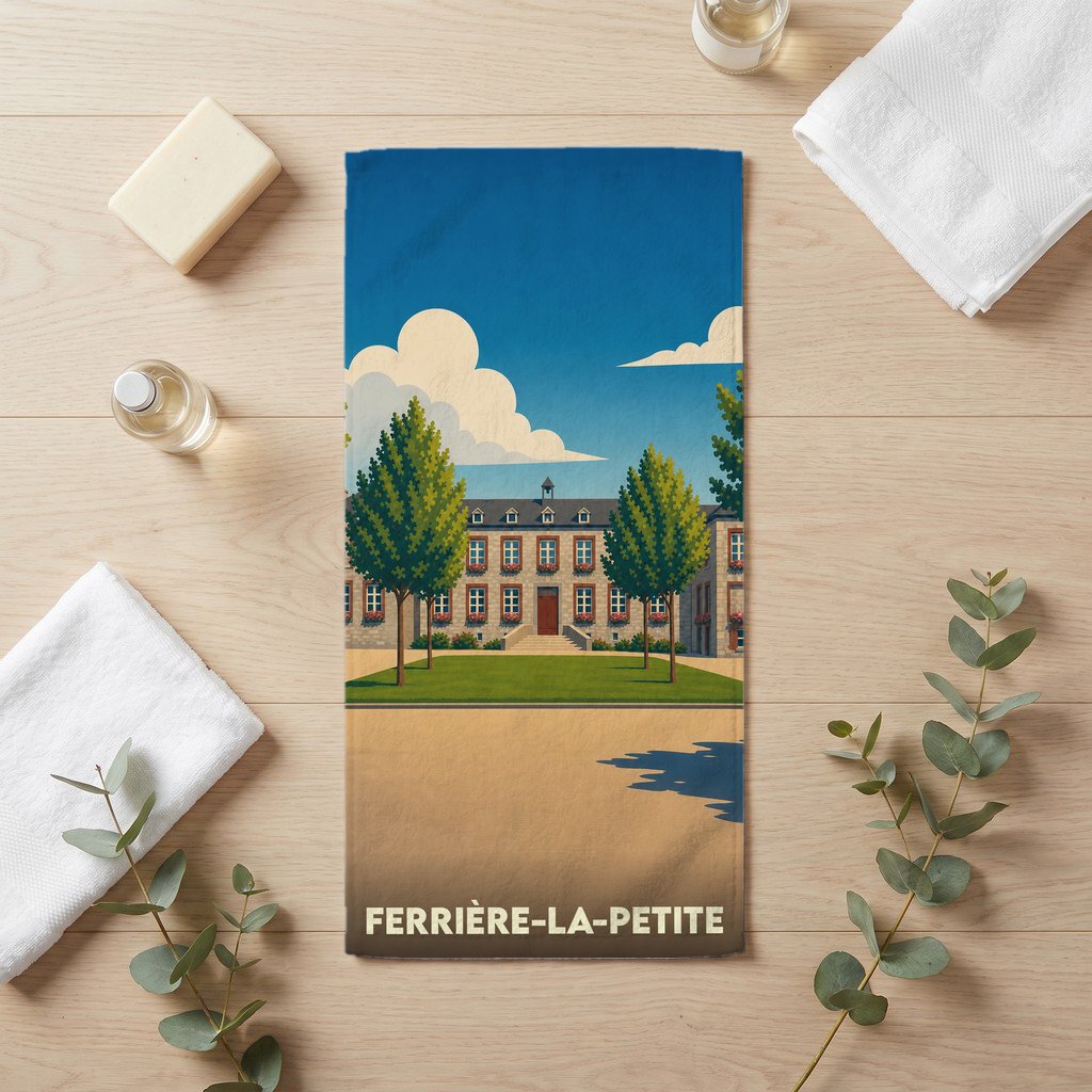 Serviette de bain souvenir de la ville de Ferrière-la-Petite avec une illustration stylisée d'un bâtiment historique.