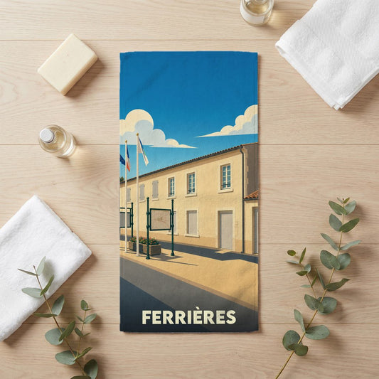 Serviette de bain souvenir de la ville de Ferrières avec une illustration stylisée.