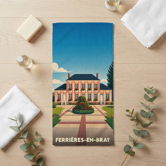 Serviette de bain souvenir de la ville de Ferrières-en-Bray avec une illustration stylisée d'un domaine.