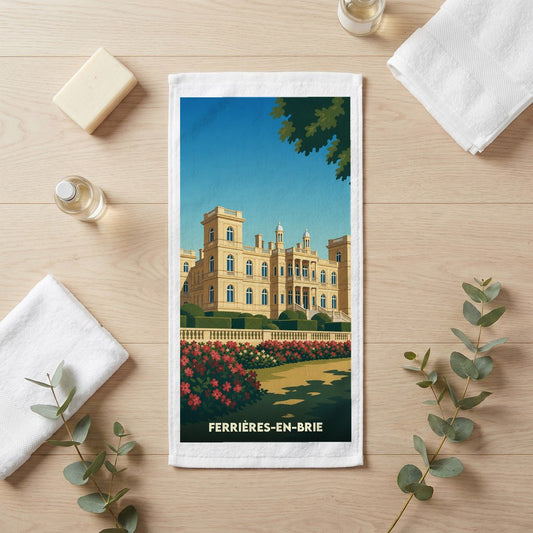 Serviette de bain souvenir de la ville de Ferrières-en-Brie avec une illustration stylisée de son château.