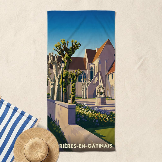 Serviette de bain souvenir de Ferrières-en-Gâtinais illustrée d'un style rétro représentant l'abbaye et ses jardins.