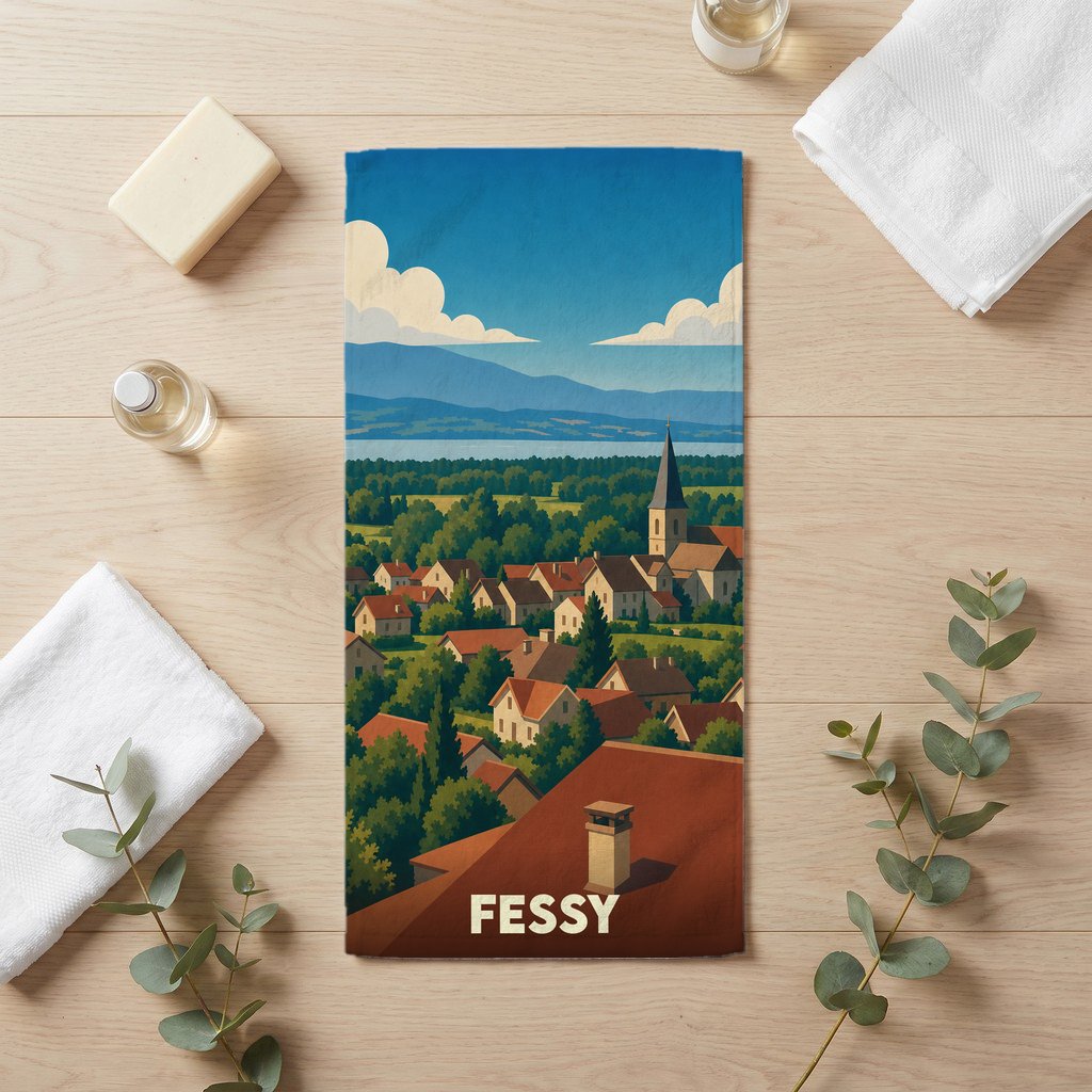 Serviette de bain souvenir de la ville de Fessy avec une illustration stylisée.