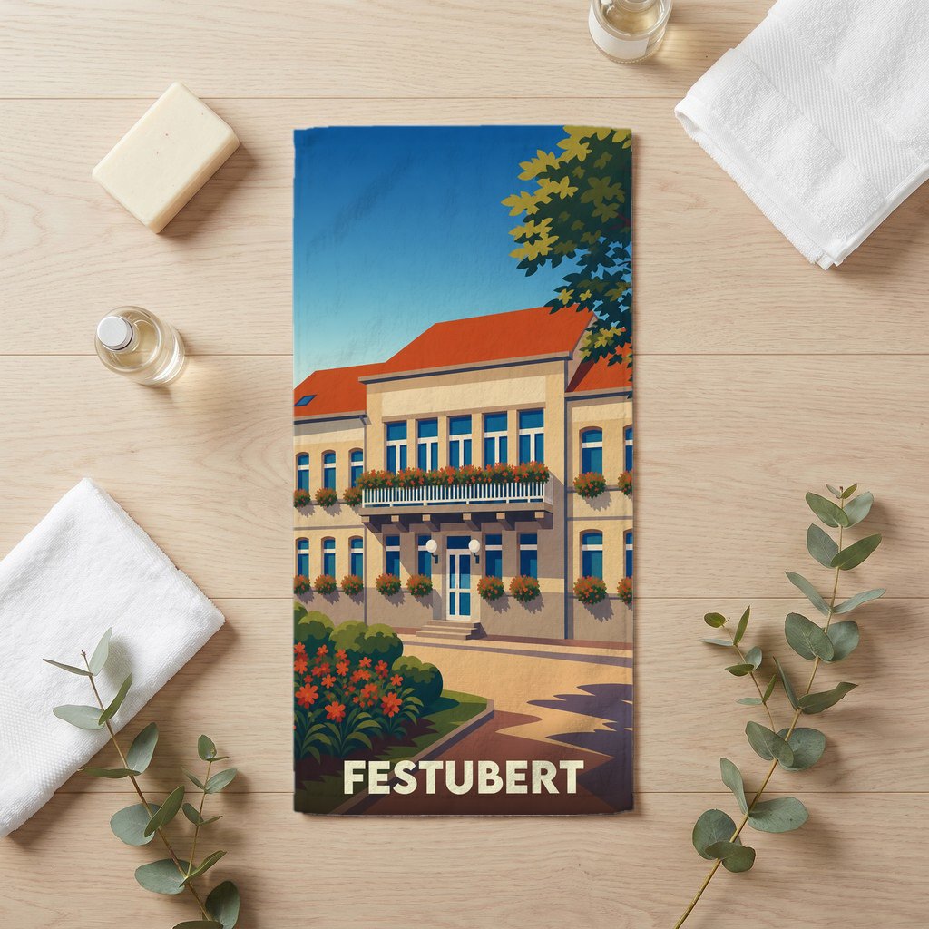 Serviette de bain souvenir de la ville de Festubert ornée d'une illustration stylisée de son architecture.