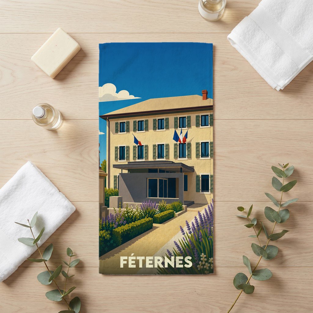 Serviette de bain souvenir de la ville de Féternes avec une illustration stylisée de sa mairie.