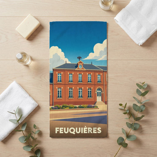 Serviette de bain souvenir de la ville de Feuquières avec une illustration stylisée.