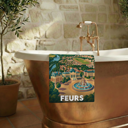 Serviette de bain souvenir de la ville de Feurs avec une illustration stylisée.