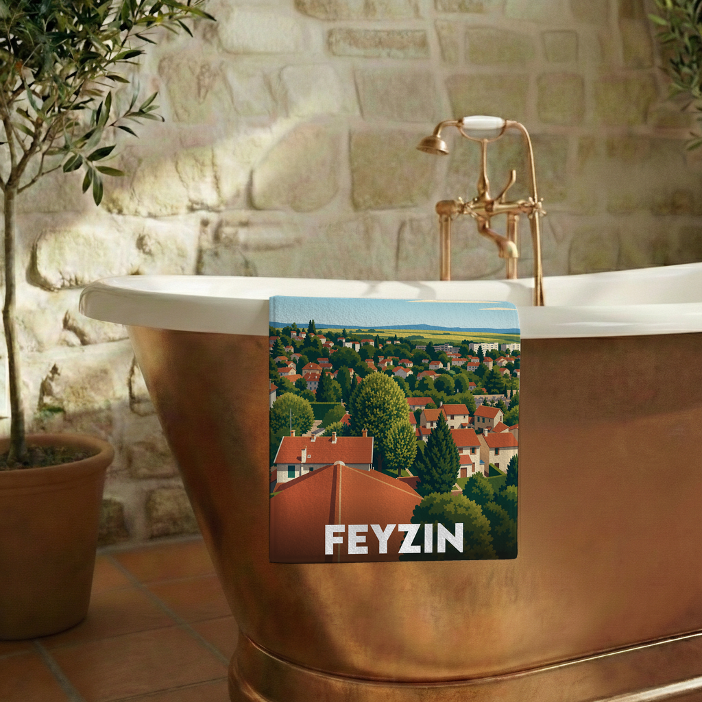 Serviette de bain souvenir de la ville de Feyzin avec une illustration stylisée de son paysage urbain.