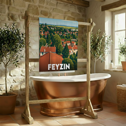 Serviette de bain souvenir de la ville de Feyzin ornée d'une illustration stylisée de ses paysages urbains.