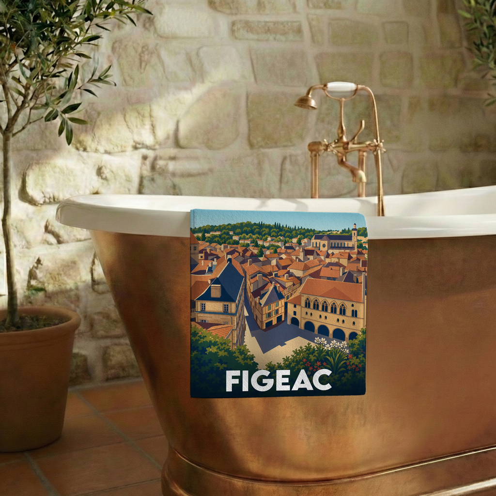 Serviette de bain souvenir de la ville de Figeac avec une illustration stylisée.