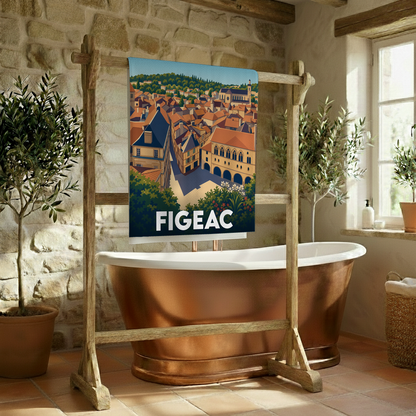 Serviette de bain souvenir de la ville de Figeac avec une illustration stylisée.