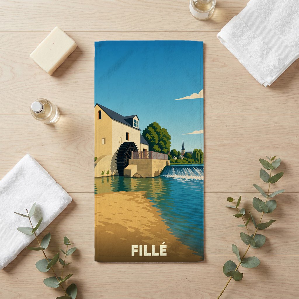 Serviette de bain souvenir de la ville de Fillé avec une illustration stylisée d'un moulin à eau.