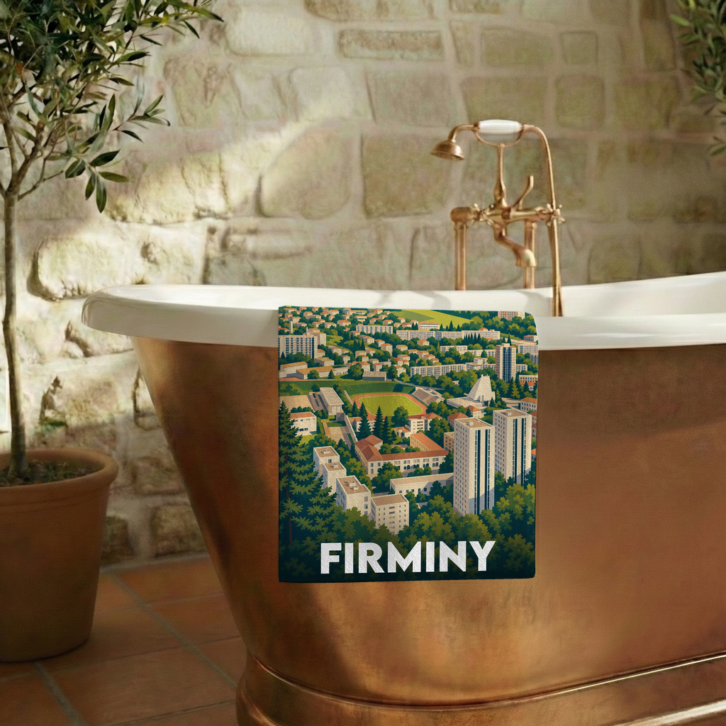 Serviette de bain souvenir de la ville de Firminy avec une illustration stylisée.