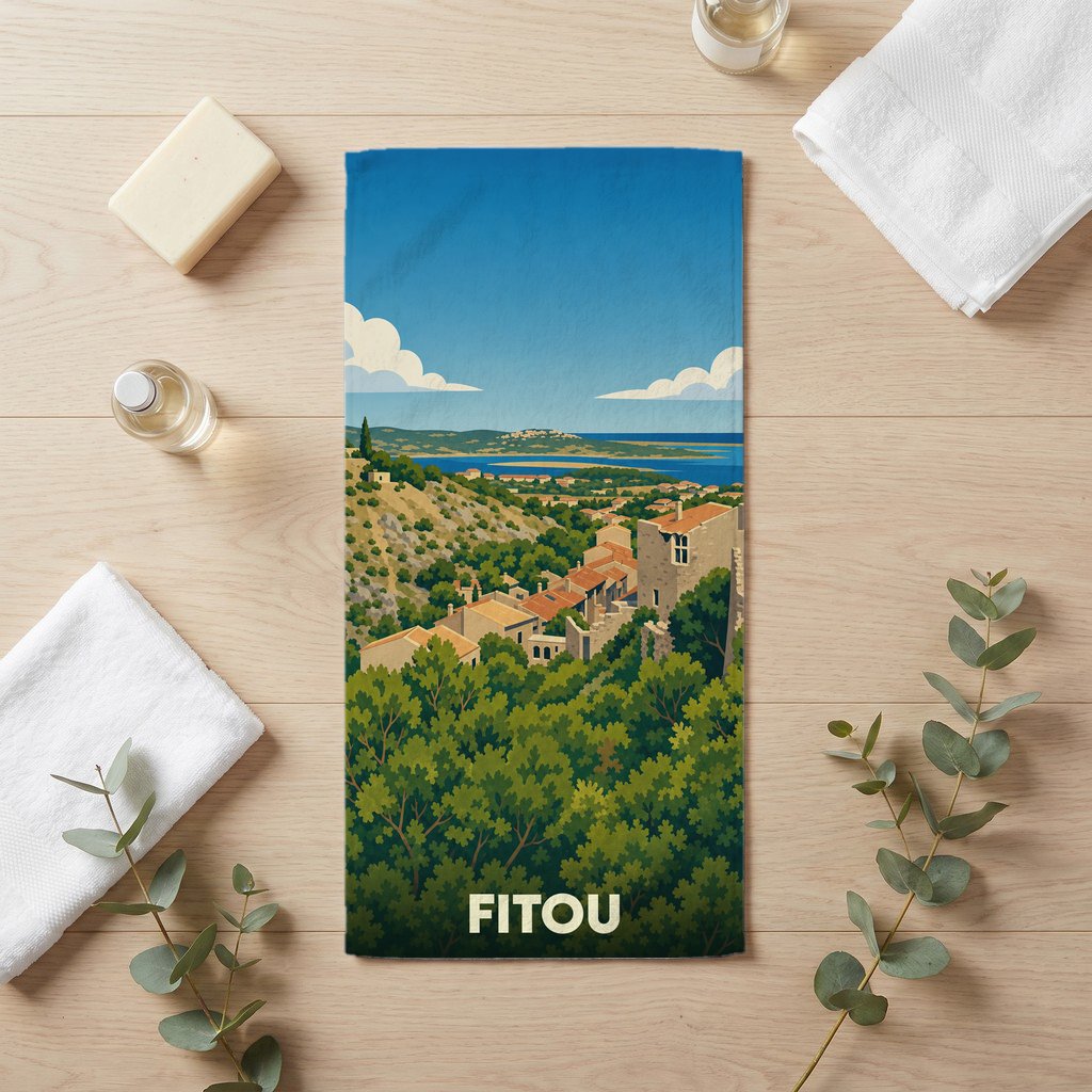 Serviette de bain souvenir de la ville de Fitou avec une illustration stylisée de son paysage.