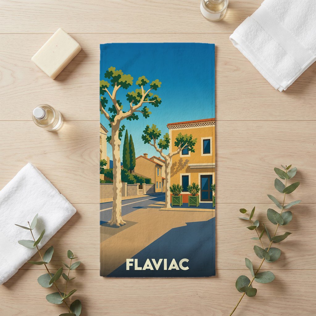 Serviette de bain souvenir de la ville de Flaviac avec une illustration stylisée d'une rue ensoleillée.