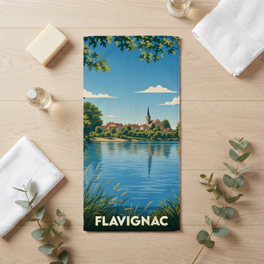 Serviette de bain souvenir de la ville de Flavignac avec une illustration stylisée de son paysage lacustre.