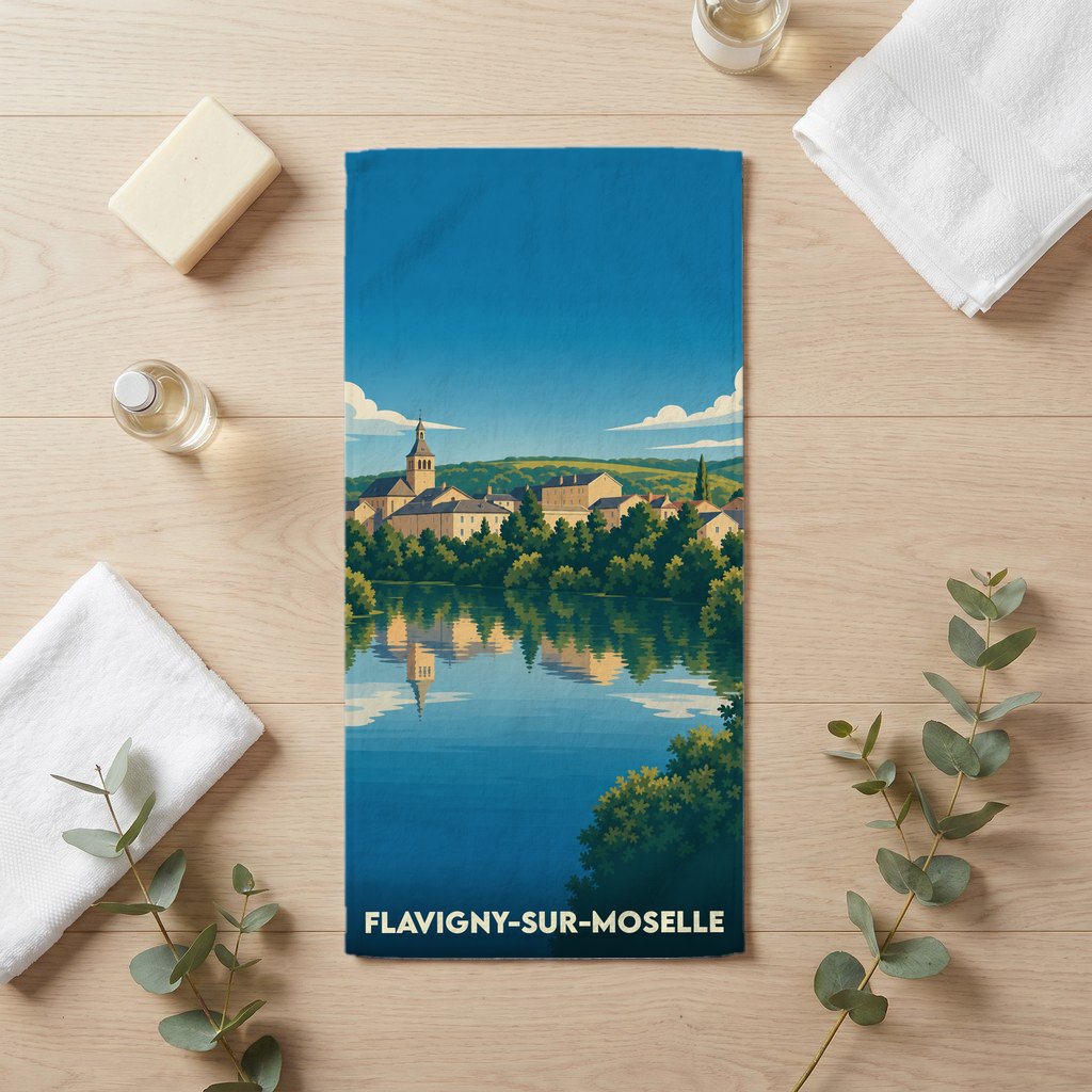 Serviette de bain souvenir de la ville de Flavigny-sur-Moselle avec une illustration stylisée d'un paysage fluvial.