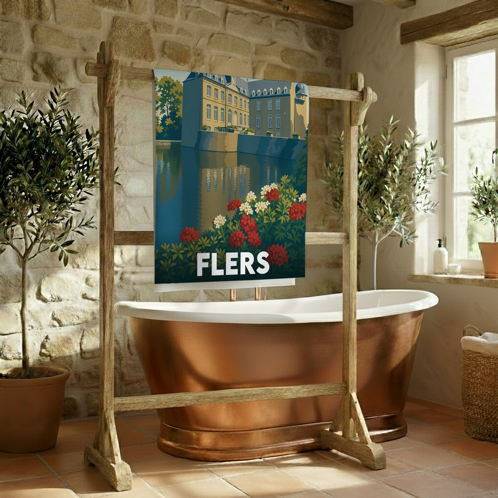 Serviette de bain souvenir de la ville de Flers avec une illustration stylisée.
