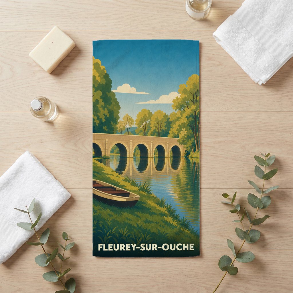 Serviette de bain souvenir de Fleurey-sur-Ouche illustrée d'un paysage de rivière et d'un pont de pierre.