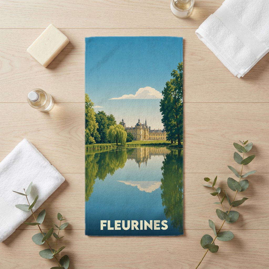 Serviette de bain souvenir de la ville de Fleurines avec une illustration stylisée d'un château se reflétant dans l'eau.
