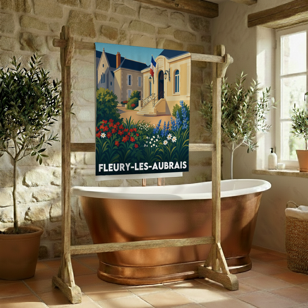 Serviette de bain souvenir de la ville de Fleury-les-Aubrais avec une illustration stylisée.