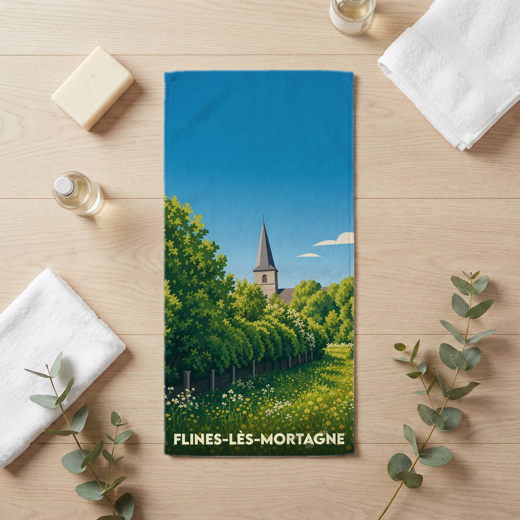 Serviette de bain souvenir de la ville de Flines-lès-Mortagne avec une illustration de son église et de paysages verdoyants.