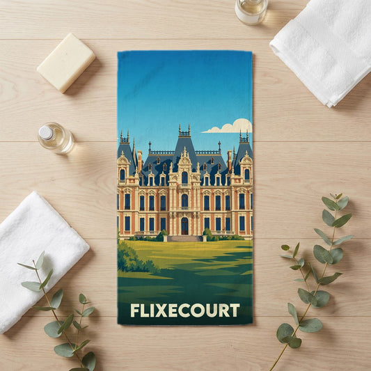 Serviette de bain souvenir de la ville de Flixecourt avec une illustration stylisée de son château.