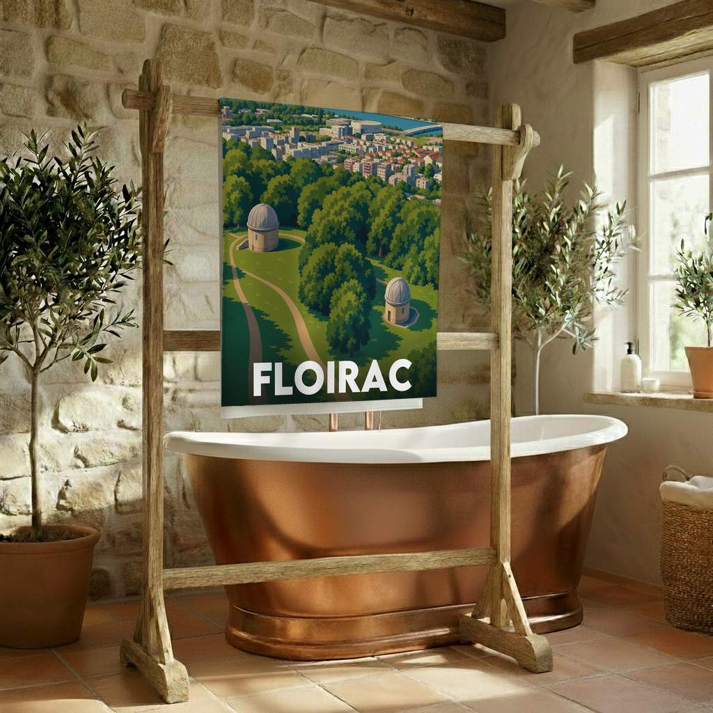 Serviette de bain souvenir de la ville de Floirac avec une illustration stylisée de son observatoire et de ses paysages.