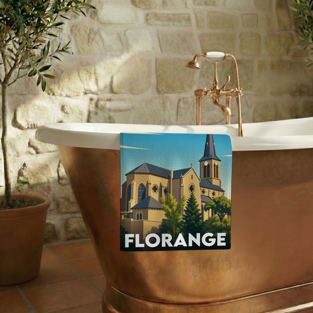 Serviette de bain souvenir de la ville de Florange avec une illustration stylisée de son église.