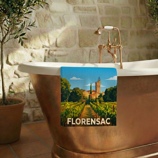 Serviette de bain souvenir de la ville de Florensac avec une illustration stylisée de ses vignobles.