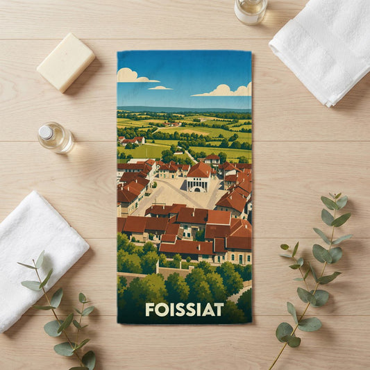 Serviette de bain souvenir de la ville de Foissiat avec une illustration stylisée de ses paysages et de son architecture.