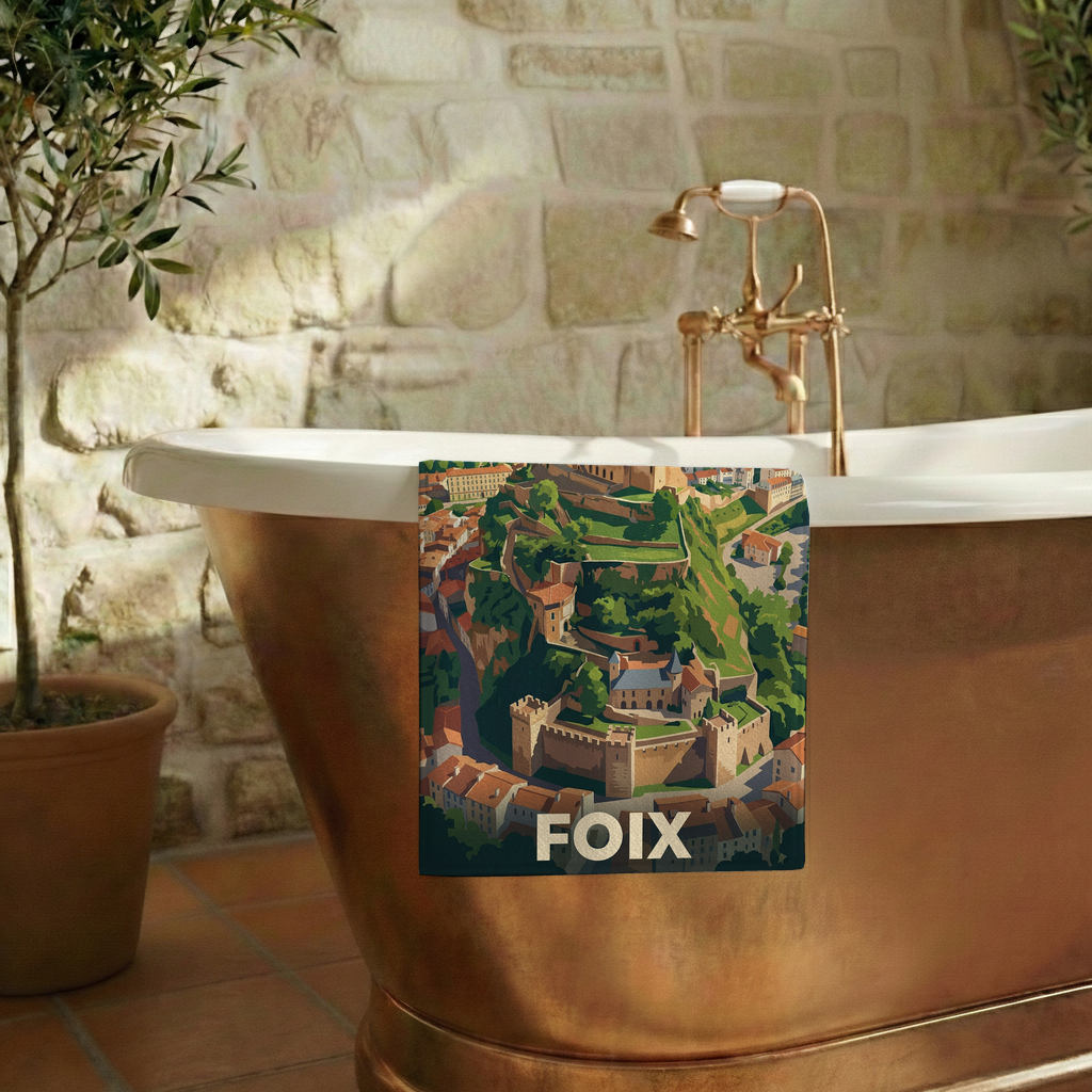 Serviette de bain souvenir de la ville de Foix avec une illustration stylisée.