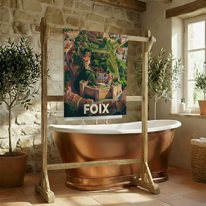 Serviette de bain souvenir de la ville de Foix avec une illustration stylisée.
