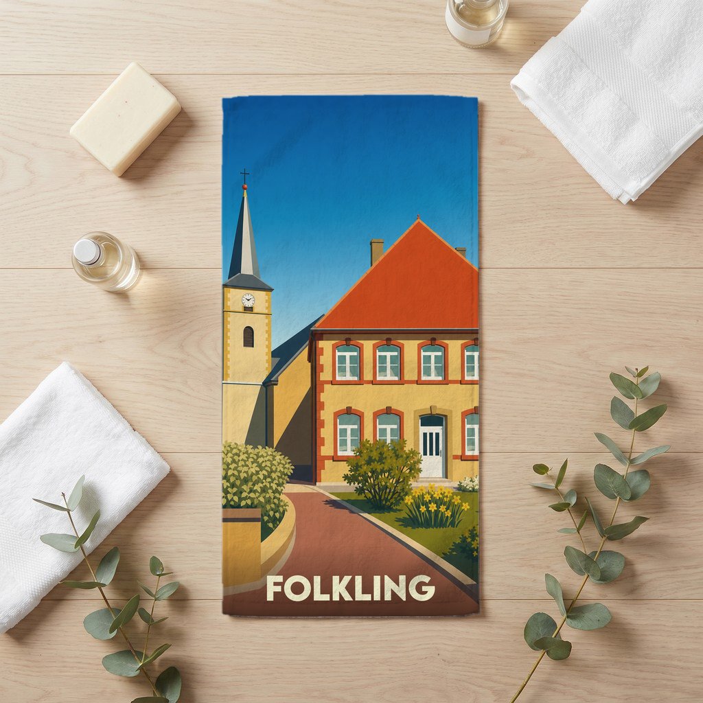 Serviette de bain souvenir de la ville de Folkling avec une illustration stylisée d'une église et d'une maison traditionnelle.