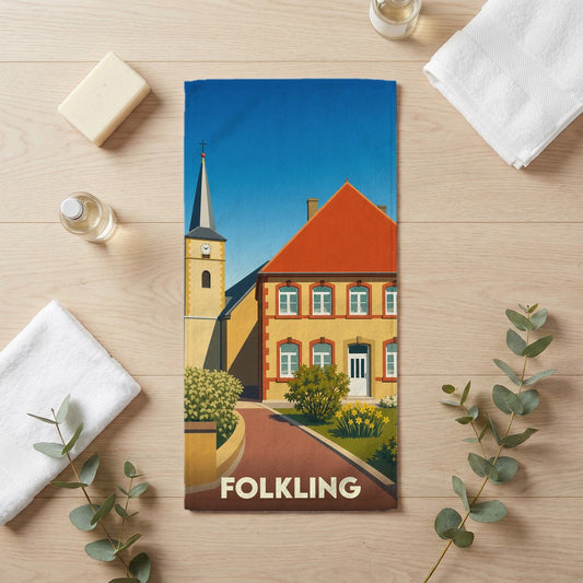 Serviette de bain souvenir de la ville de Folkling avec une illustration stylisée d'une église et d'une maison traditionnelle.